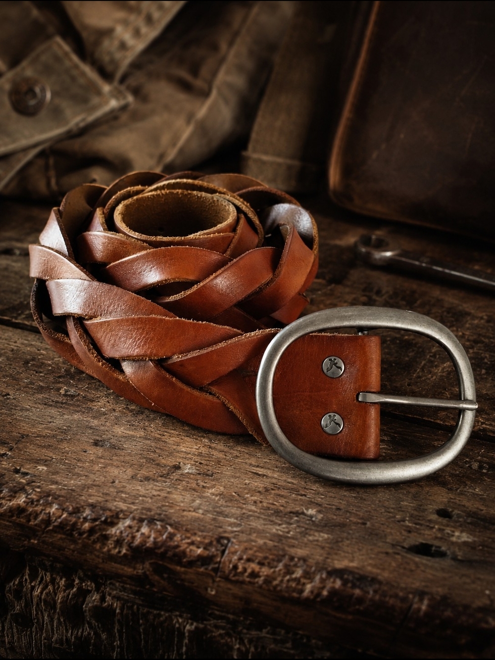 American Eagle Genuine Leather Braided Belt Cognac Brown Boho Western M
